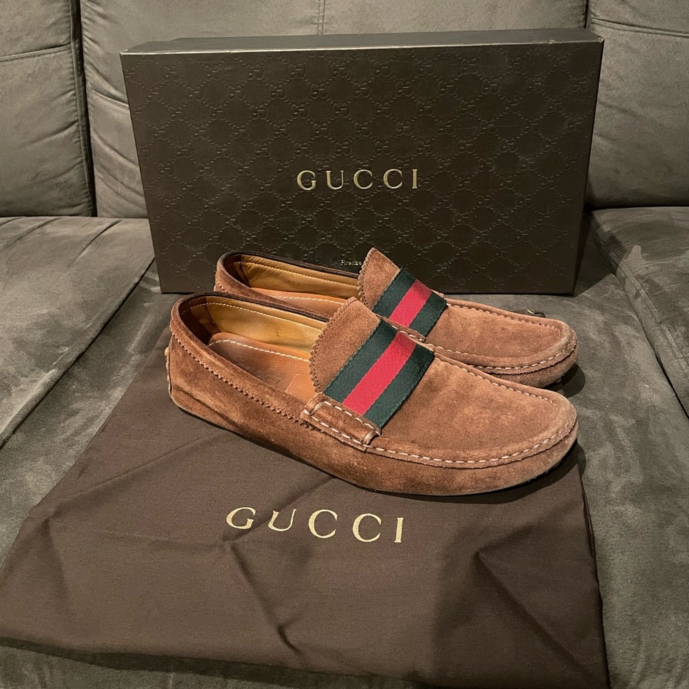 Gucci Brown and Green Suede Loafers with Signature Stripe